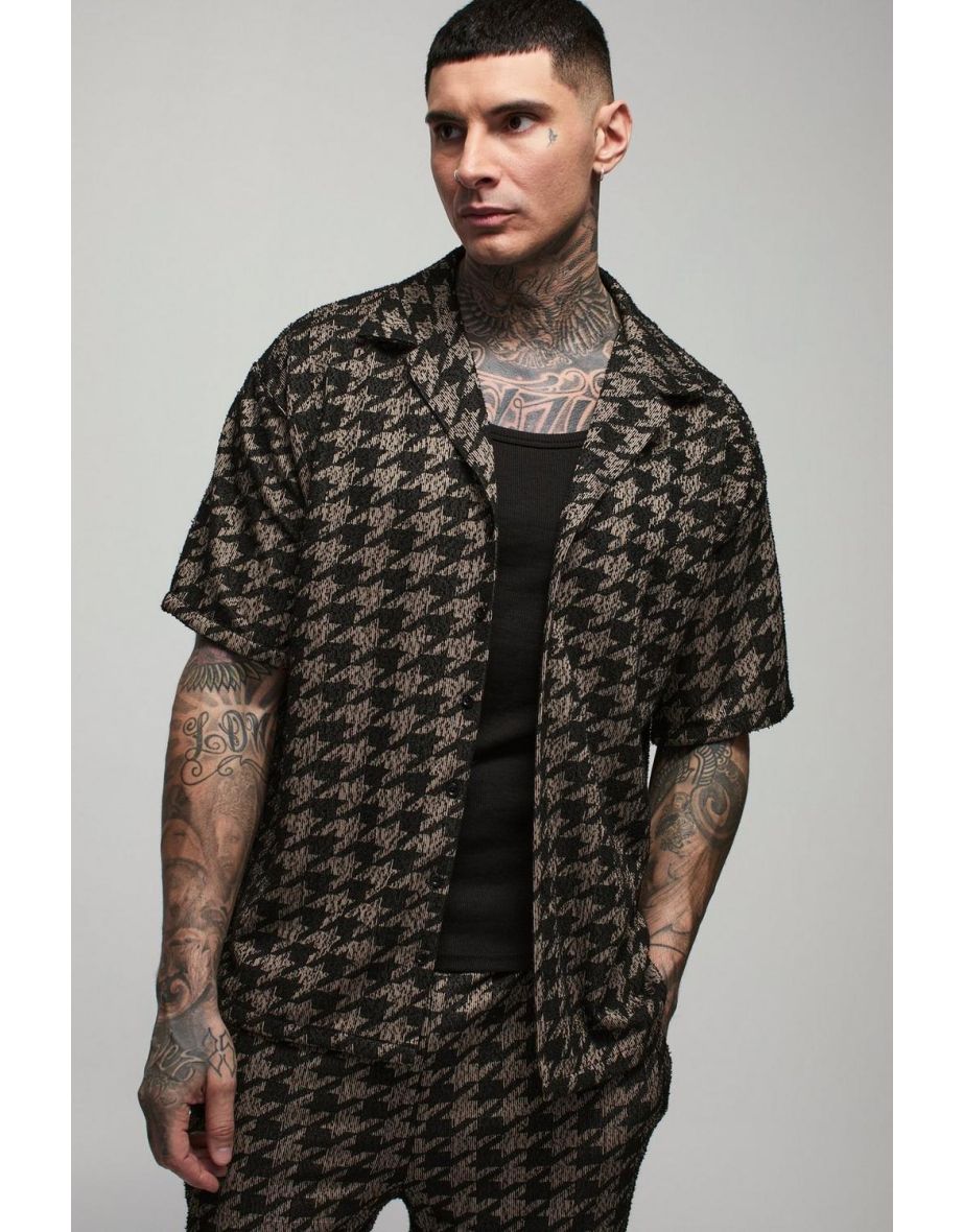 Tall Oversized Dogtooth Boucle Boxy Shirt - charcoal