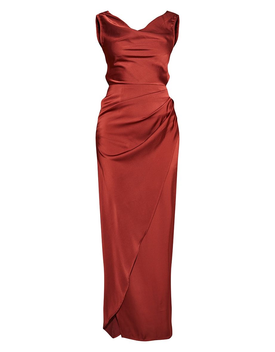 Burgundy Satin Cowl Neck Draped Maxi Dress - 4
