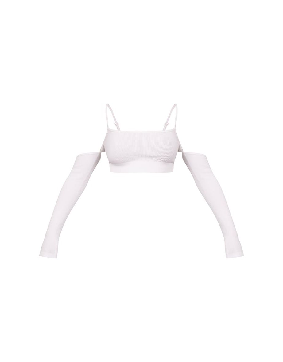 White Contour Rib Cold Shoulder Crop Top - 4