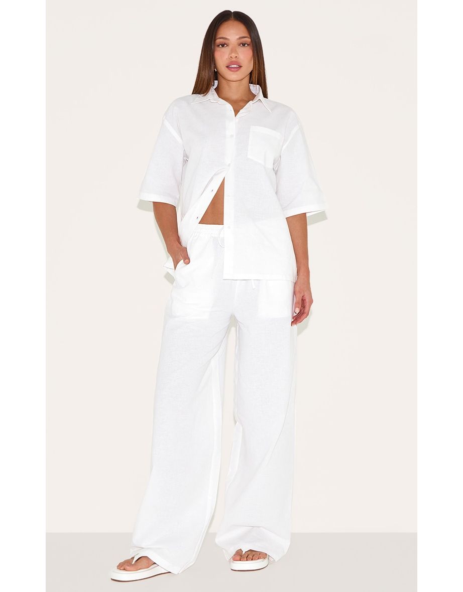 Tall White Linen Look Wide Leg Trousers