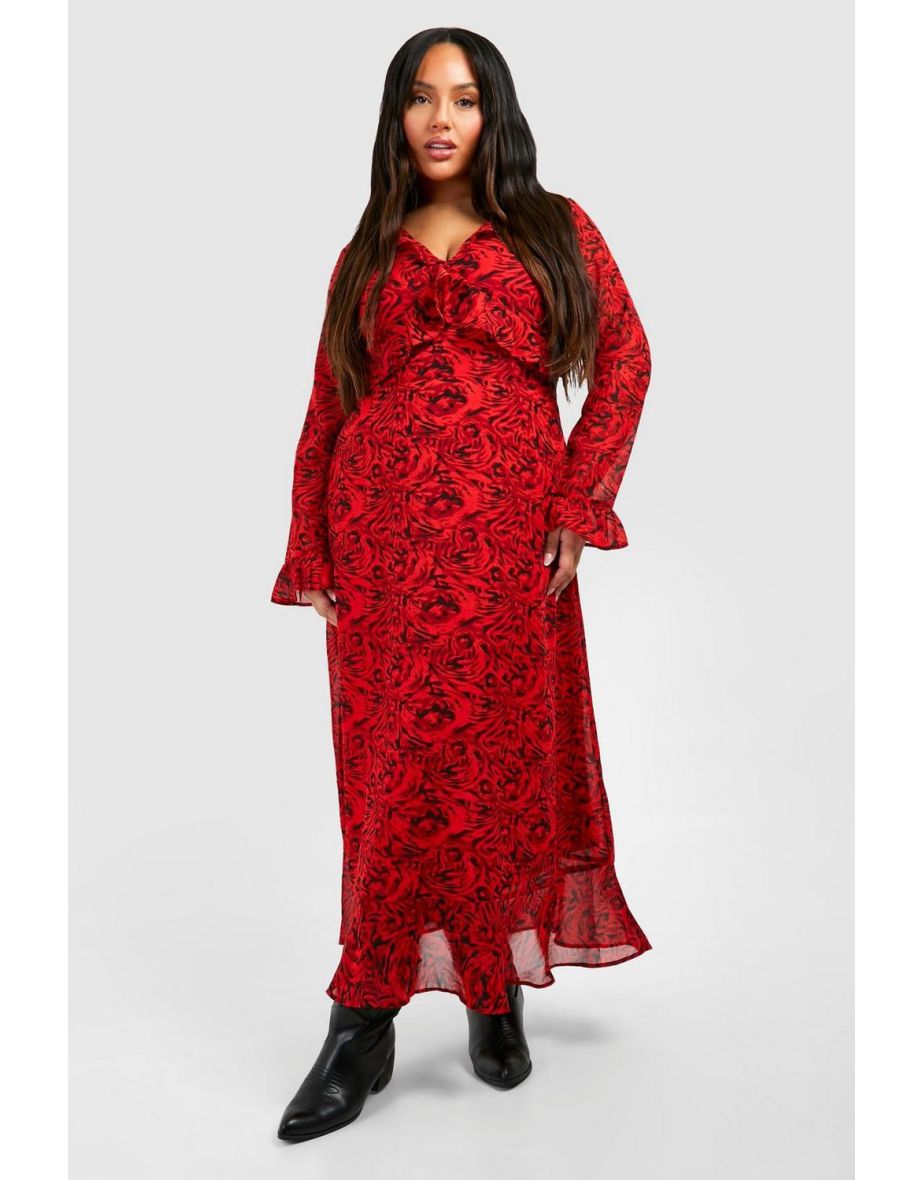 Plus Chiffon Printed Smock Dress - red