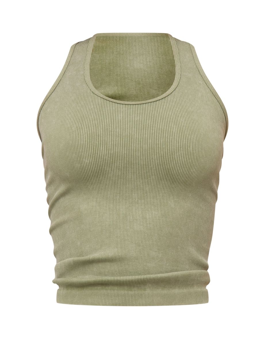 Khaki Acid Wash Seamless Rib Halter Neck Gym Top - 4