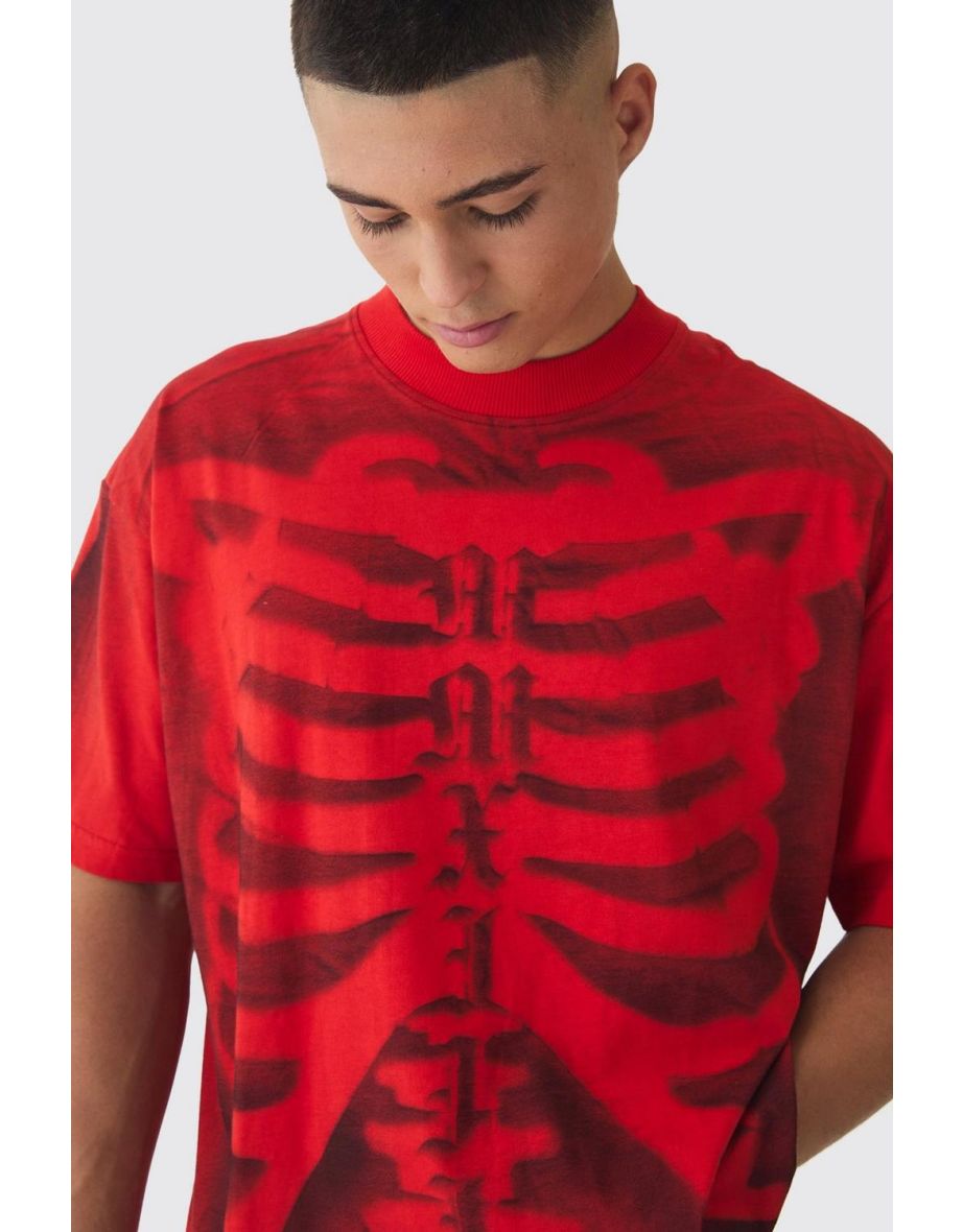 Oversized Extended Neck Skeleton Print T-Shirt - red - 2