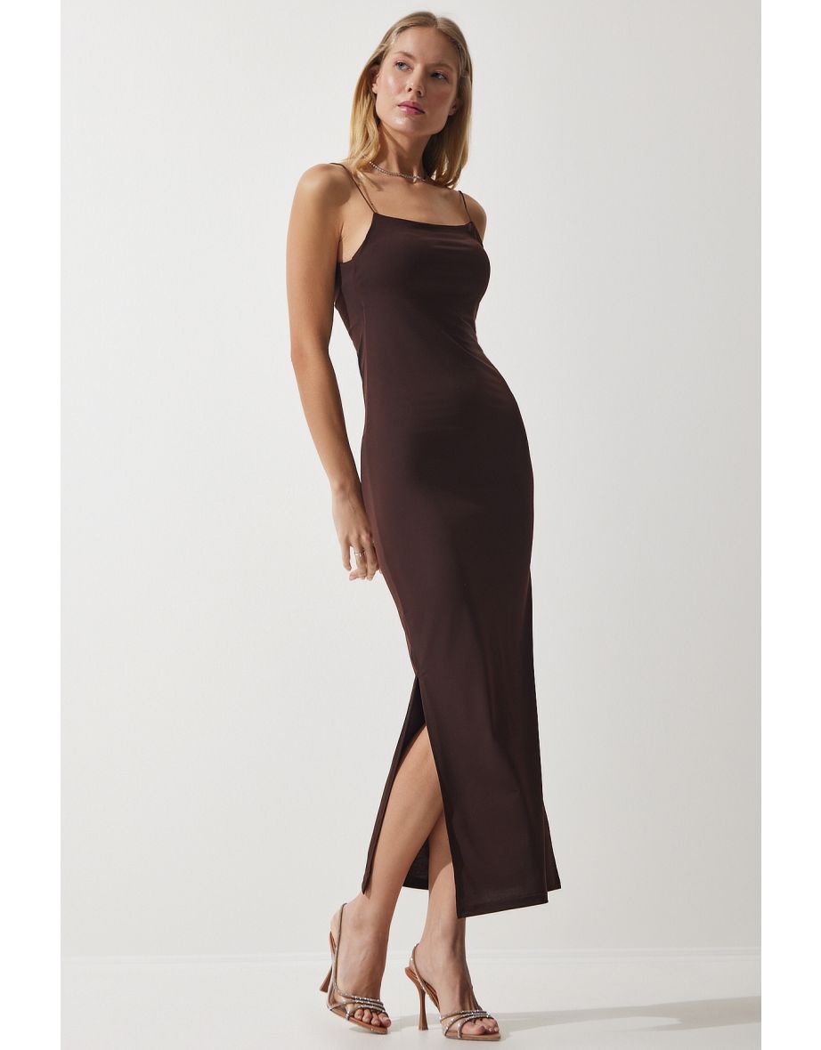 Women's Brown Rope Strap Slit Wrap Sandy Dress