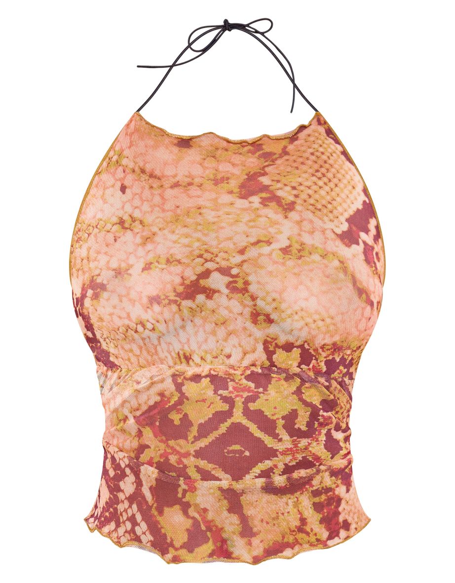 Orange Snake Skin Print Mesh Double Tie Back Top - 4