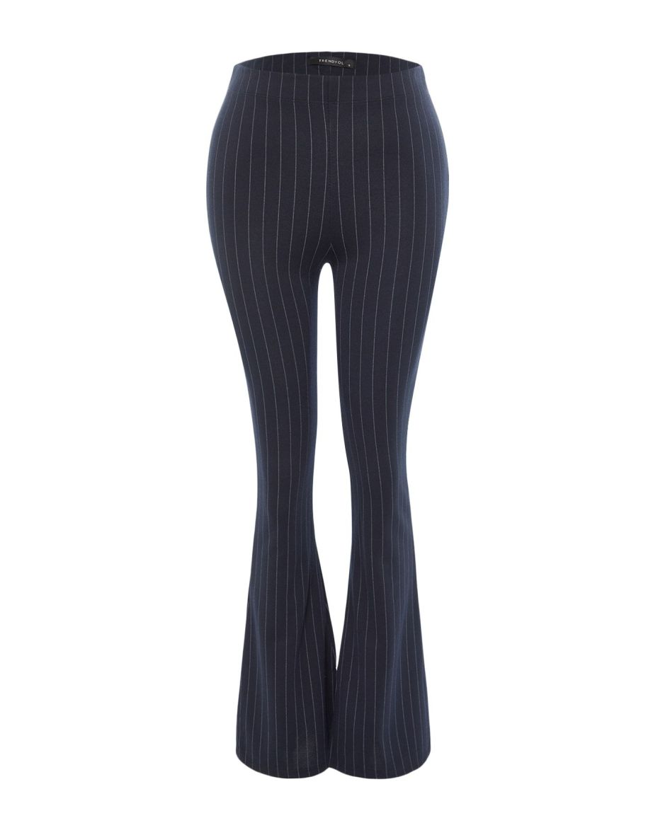 Navy Blue Smart With Slits Flare/Flare Spanish Leg High Waist Striped Knitted Leggings Pants - 6