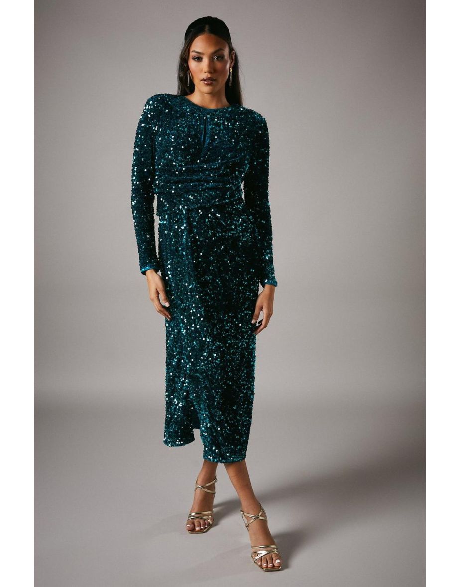 Sequin Velvet Wrap Dress With Flare Sleeve