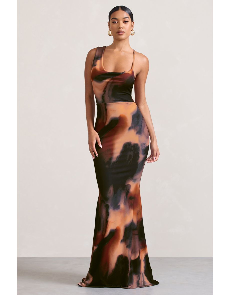 Phantasy |  Burnt Orange Smokey Asymmetric Neckline Cowl Maxi Dress