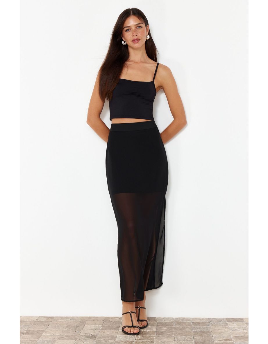 Black Chiffon Fabric Midi Length Woven Skirt with Side Slit Detail