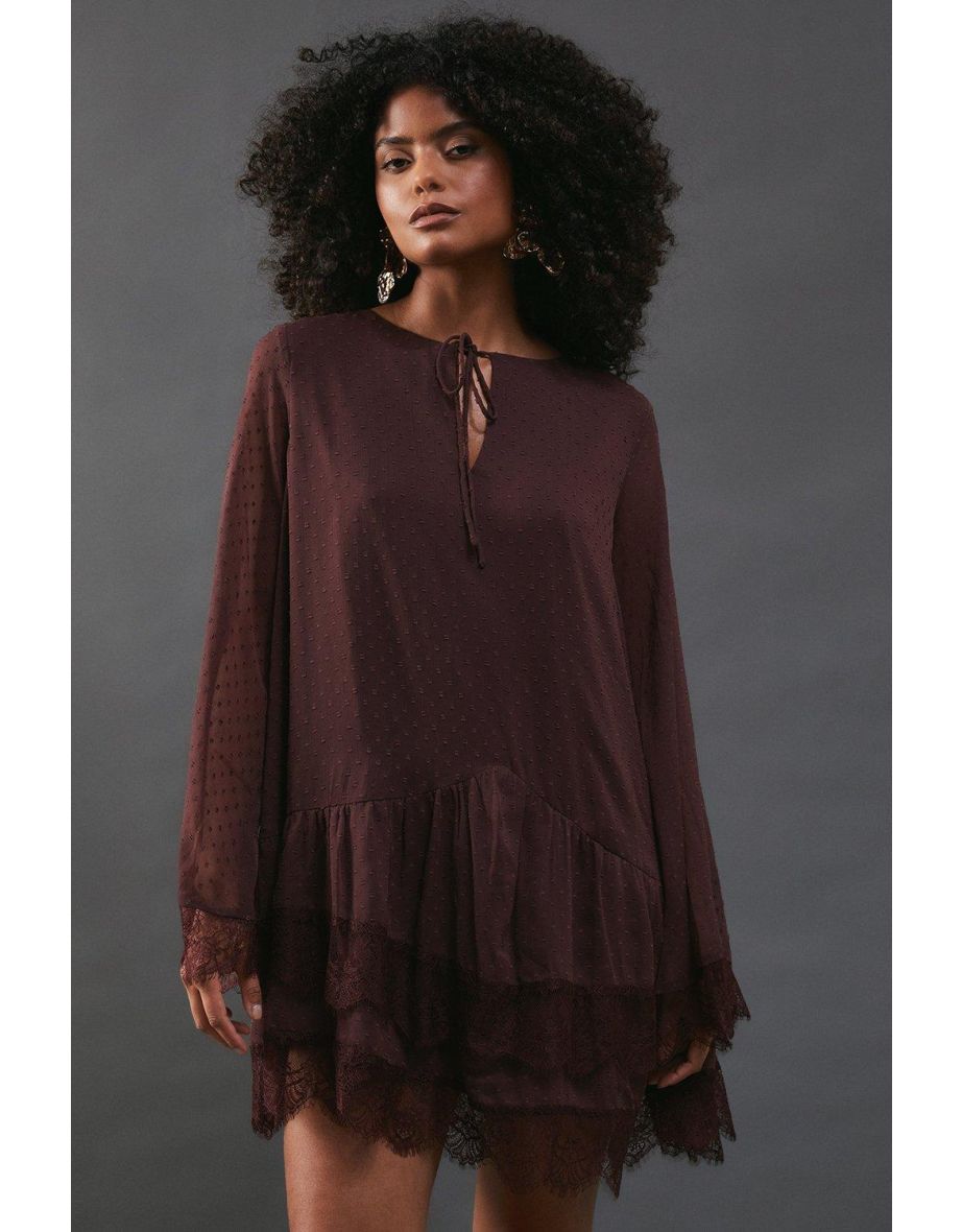 Dobby Chiffon Tie Neck Lace Hem Mini Dress