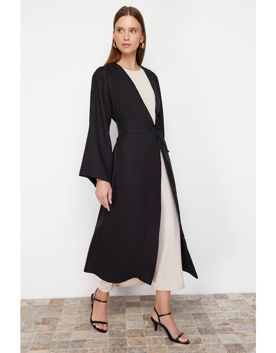 Black Linen Look Woven Kimono & Kaftan with Tie-Up Detail on the Waist
