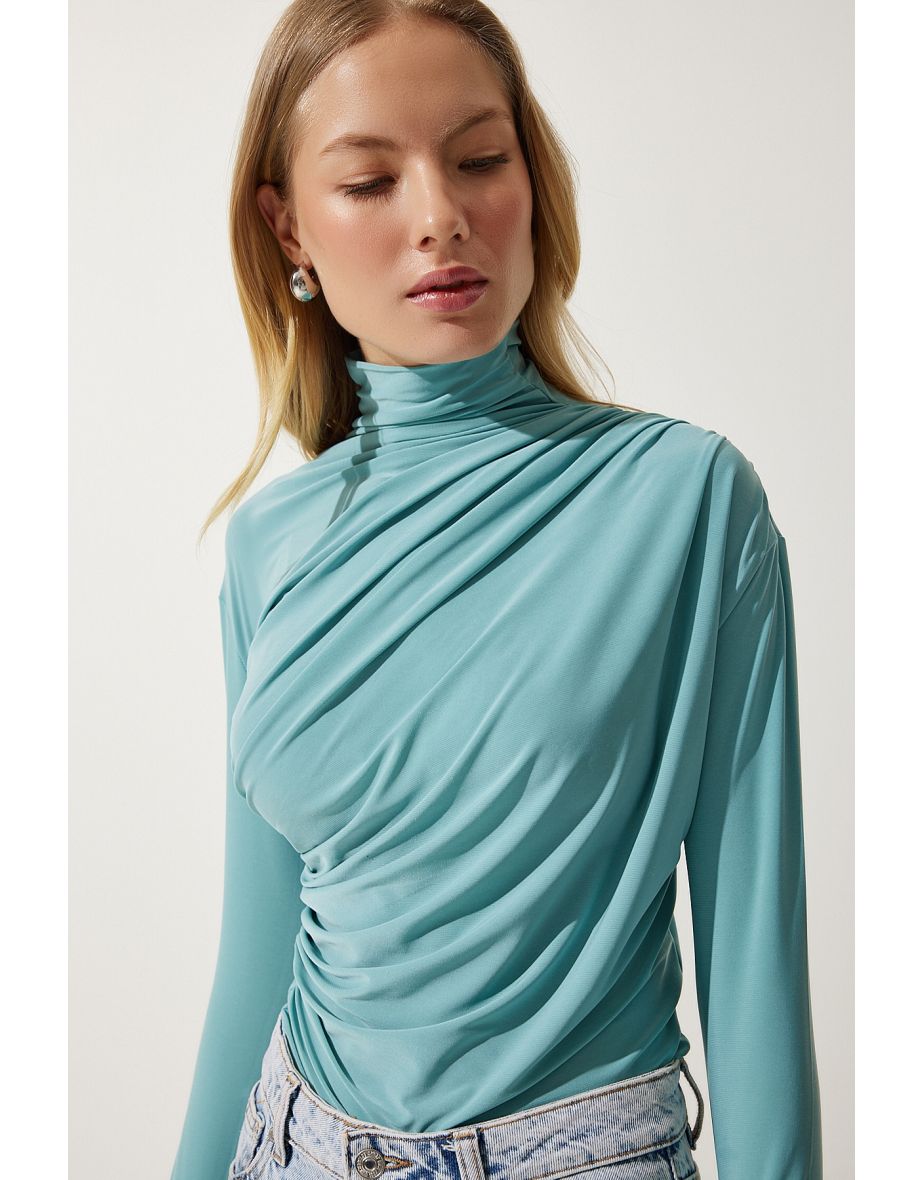 Women's Aqua Green Gathered Detailed High Neck Sandy Blouse