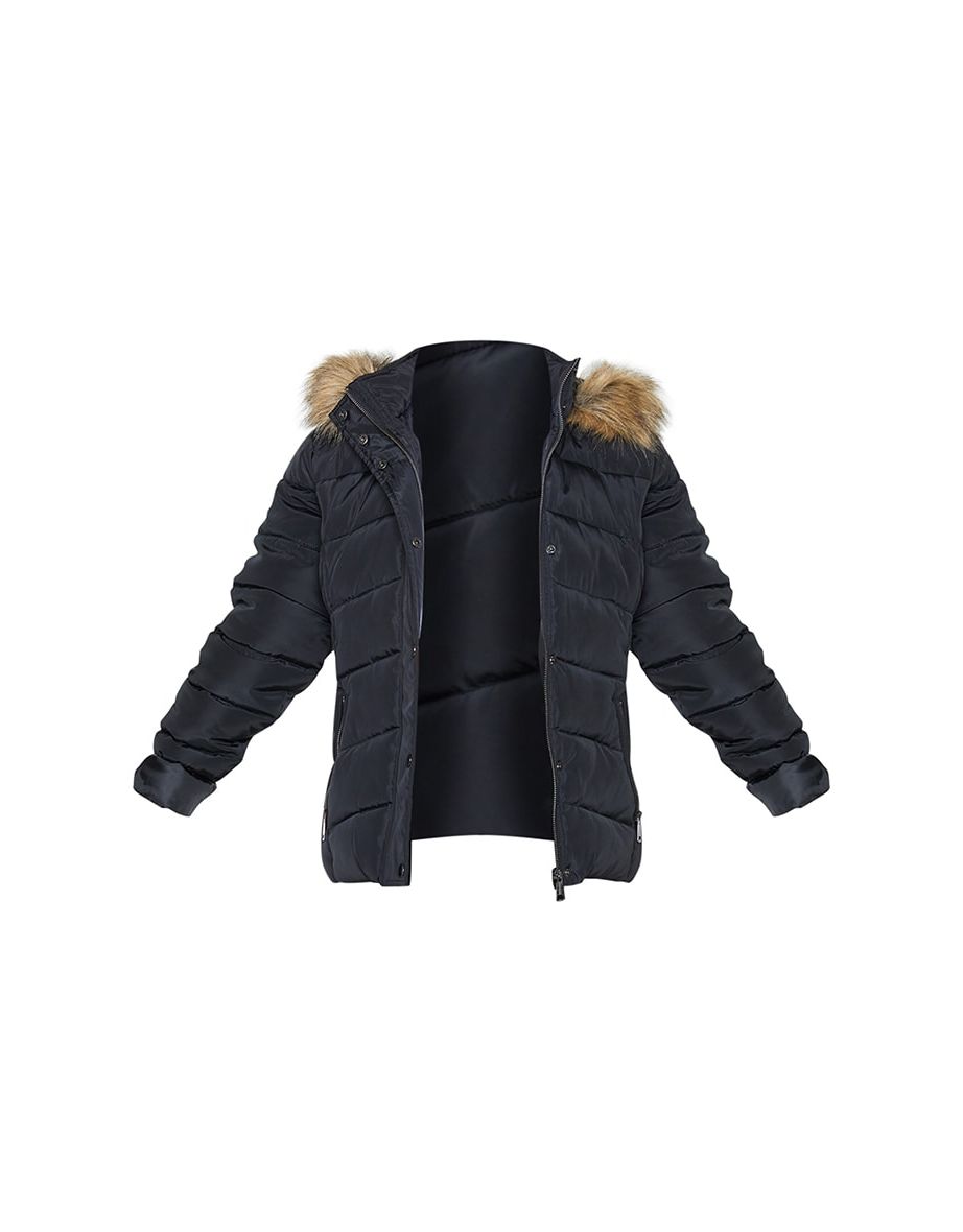 Petite Black Faux Fur Hood Puffer Jacket - 4