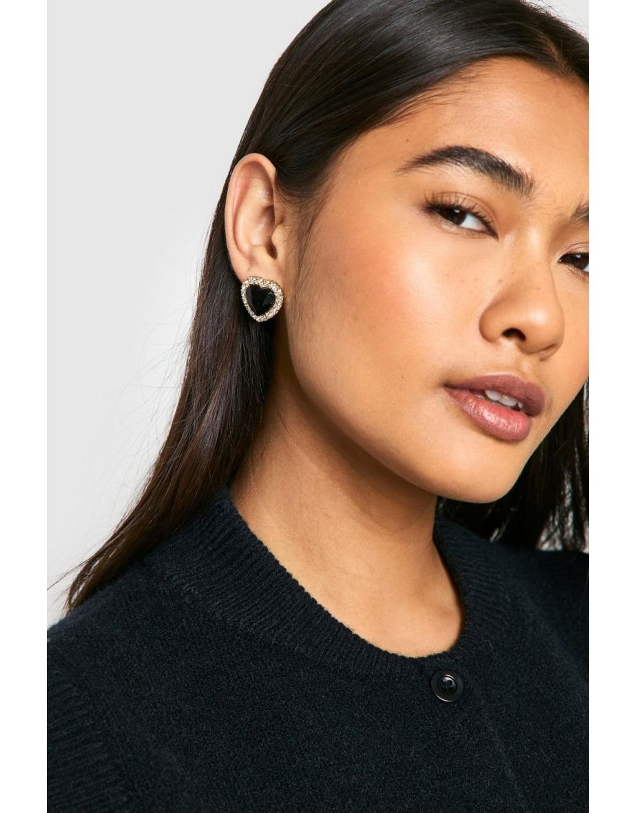 Black Stone Heart Earrings - gold