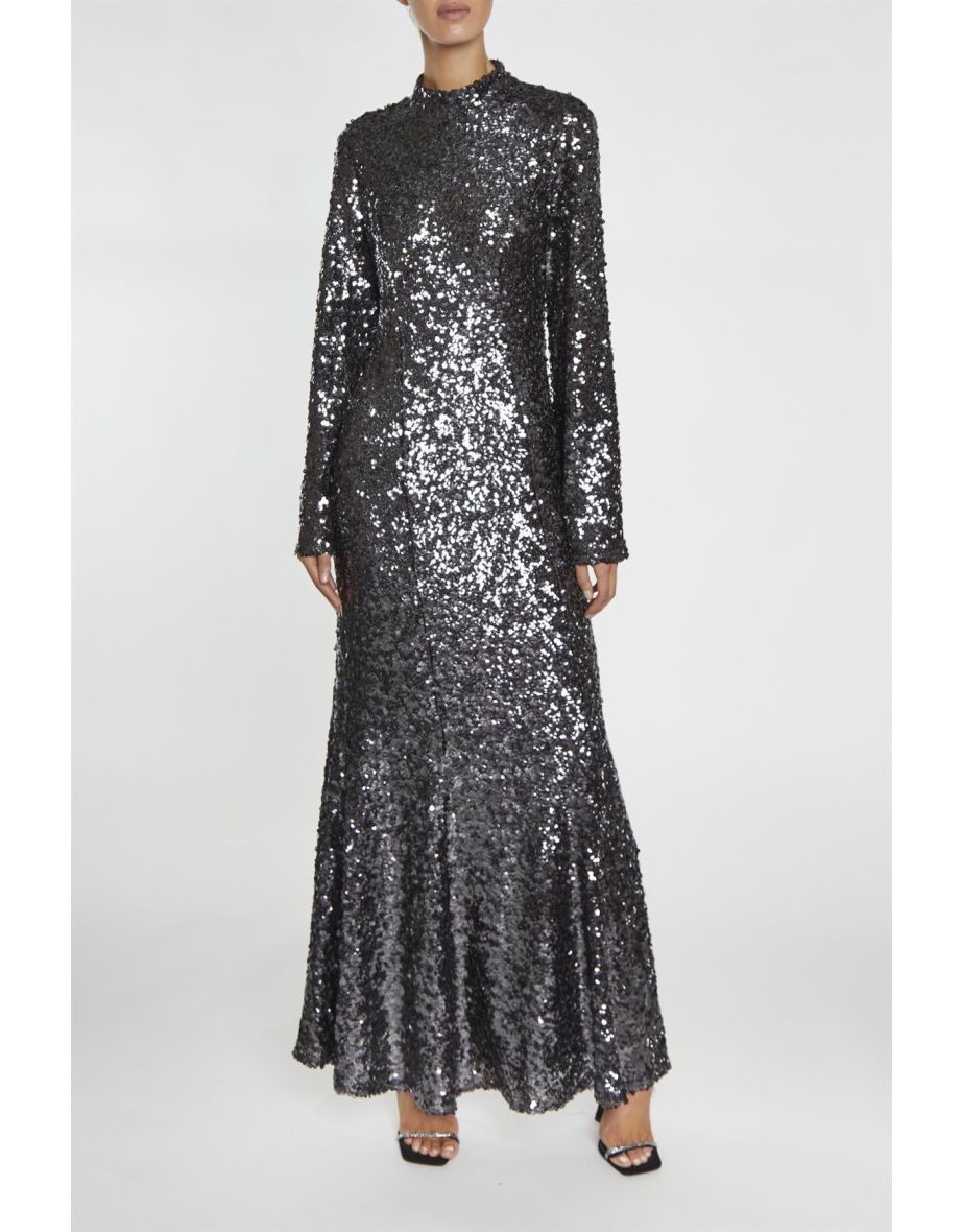 Vanessa Dark Pewter Sequin Open Back Maxi Dress - 2