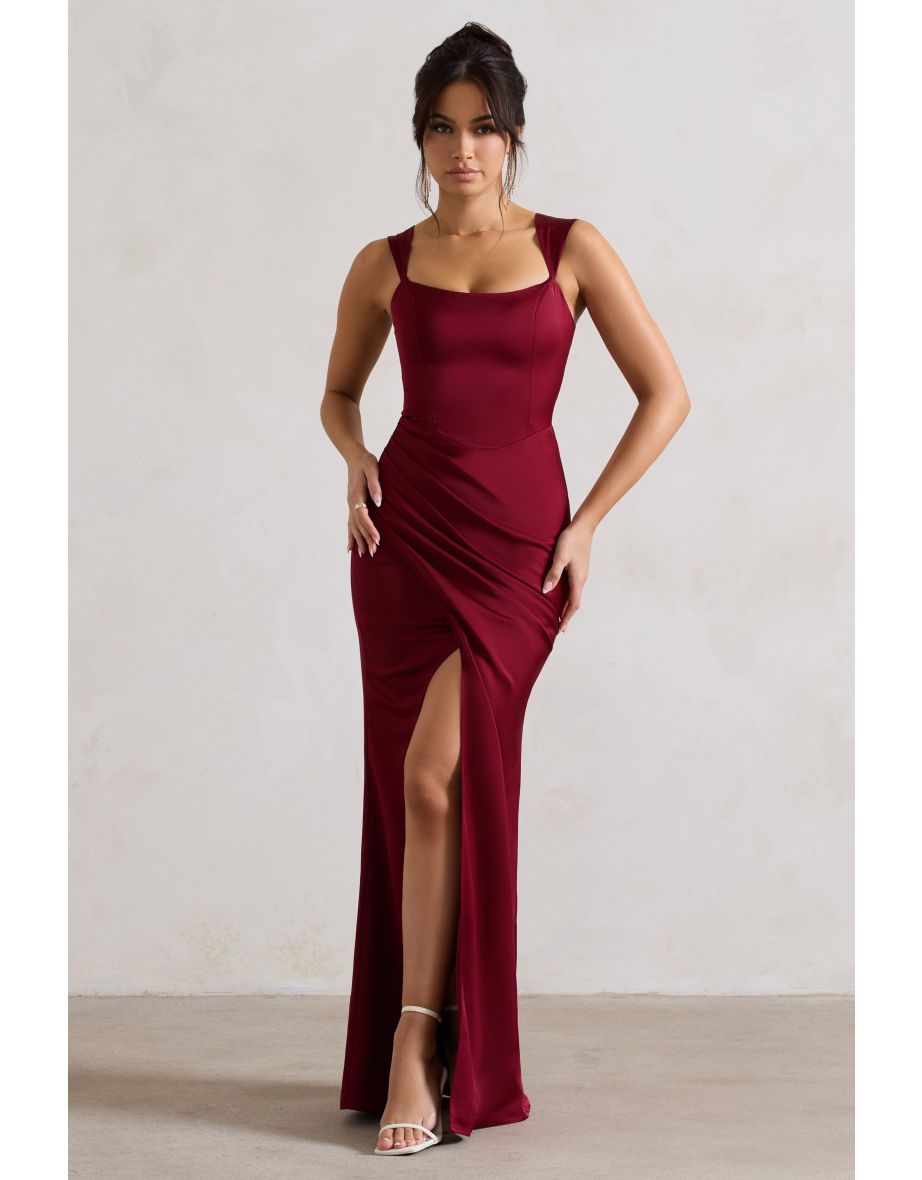 A Romantic | Berry Satin Corset Wrap Maxi Dress