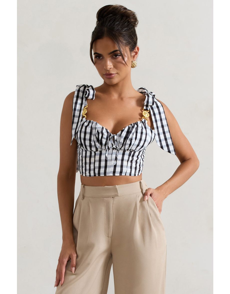 Maud | Black & White Gingham Crop Top With Tie Straps - 4
