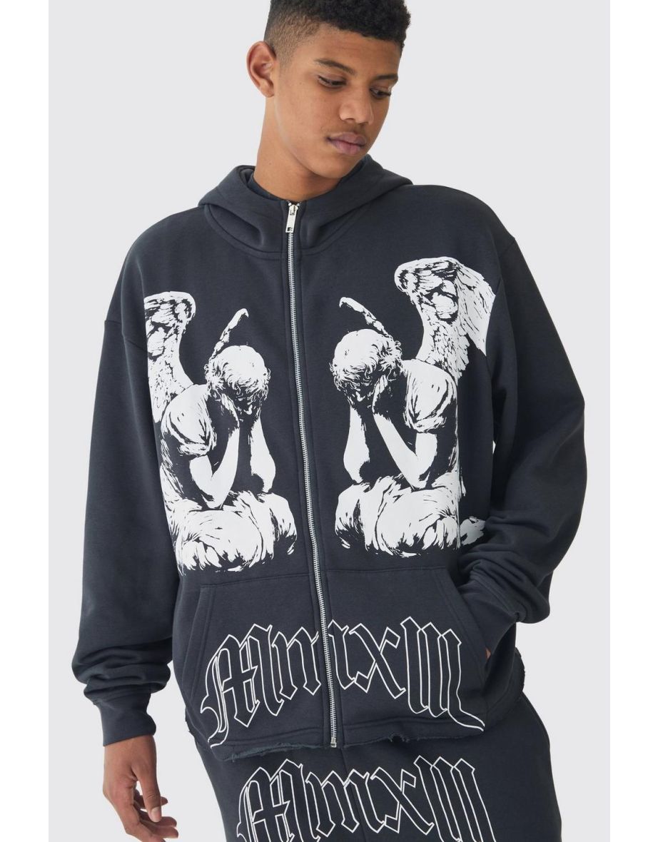 Tall Oversized Boxy Zip Up Cherub Print Hoodie - charcoal