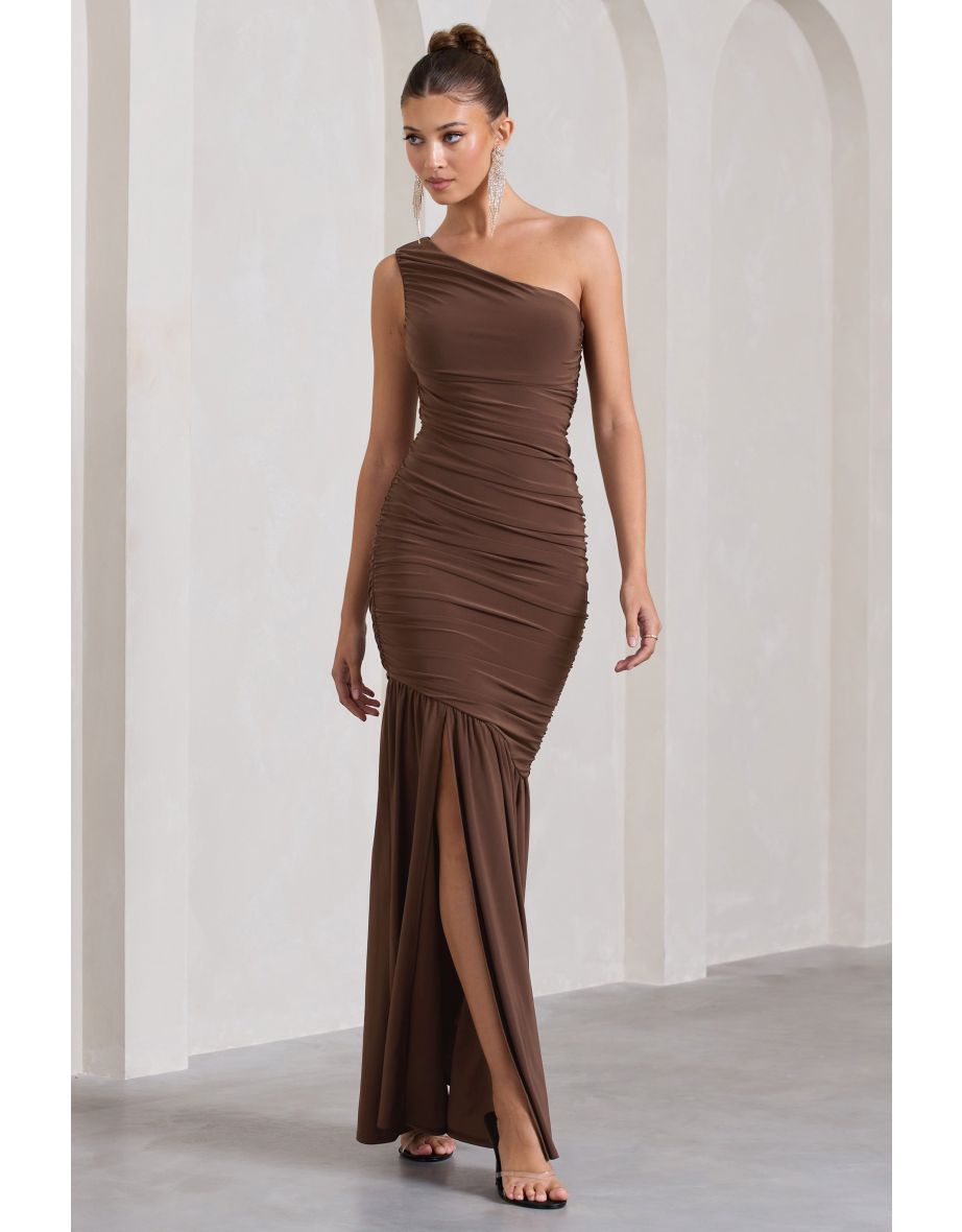 The Limelight | Chocolate Asymmetric Ruched Fishtail Maxi Dress - 4