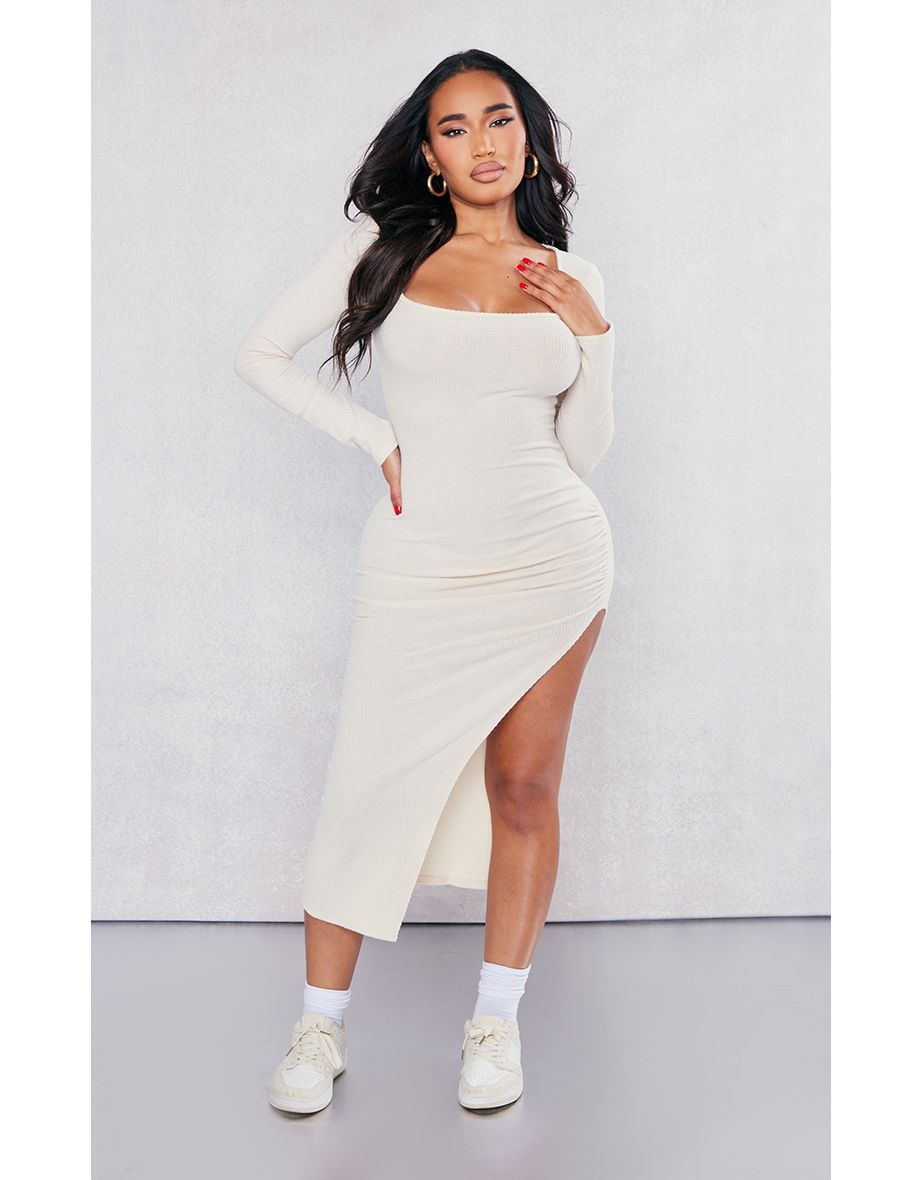 Shape Stone Brushed Rib Square Neck Split Side Midi Dress
