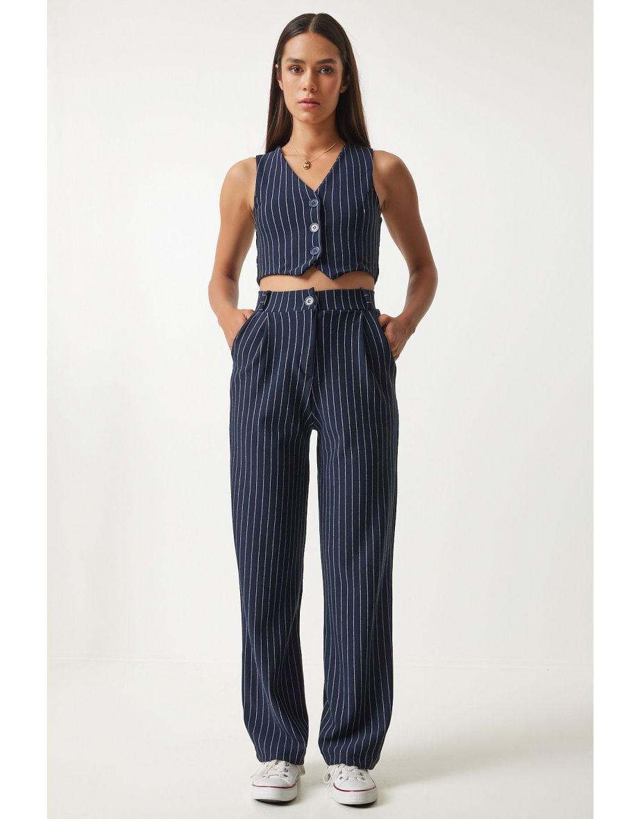 Shop Women s Navy Blue Thin Striped Knitted Vest Trousers Suit Online in Bahrain VogaCloset