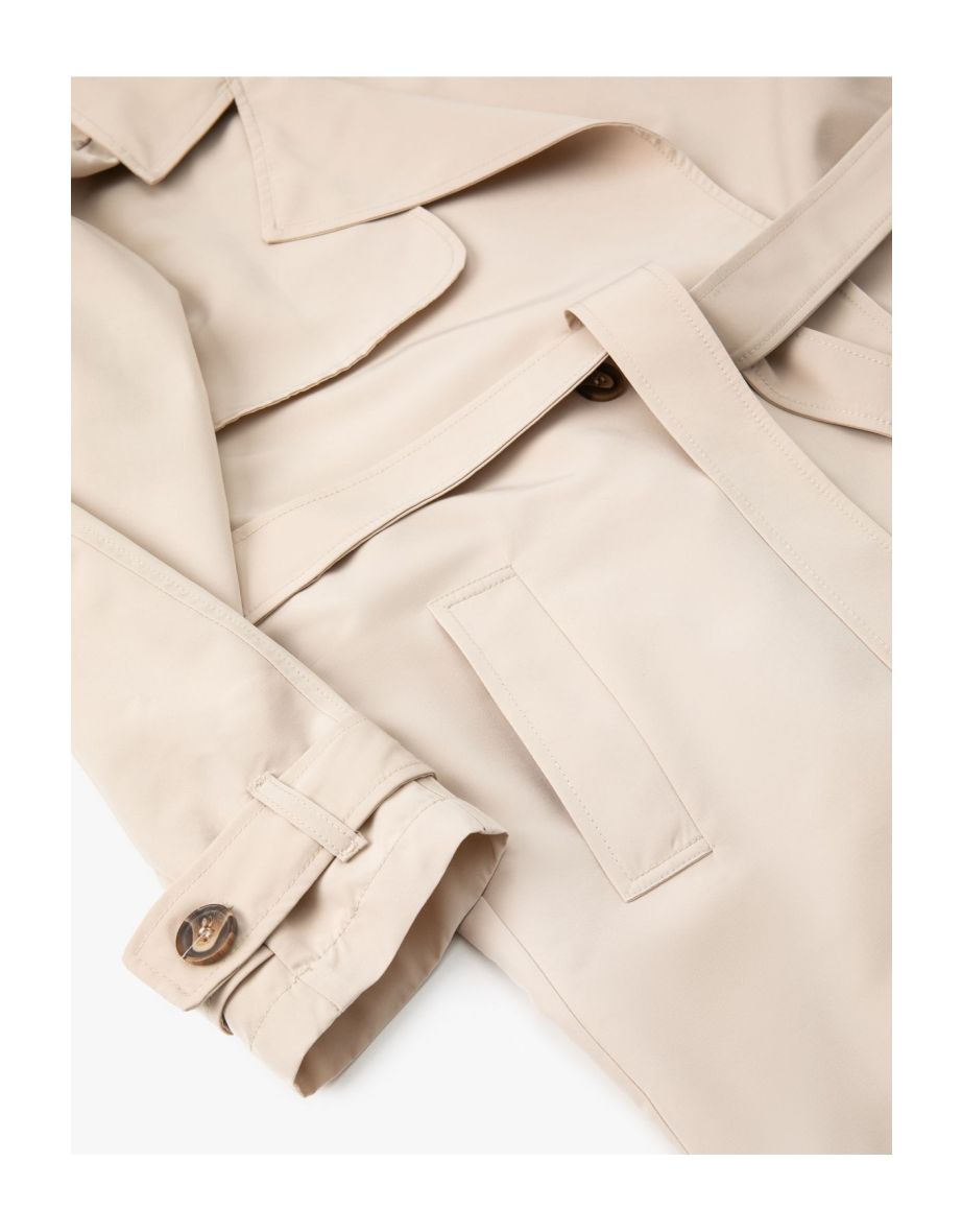 Short Trench Coat Reverse Double Breasted Collar Belt Detail Pockets Wind Flap - 7