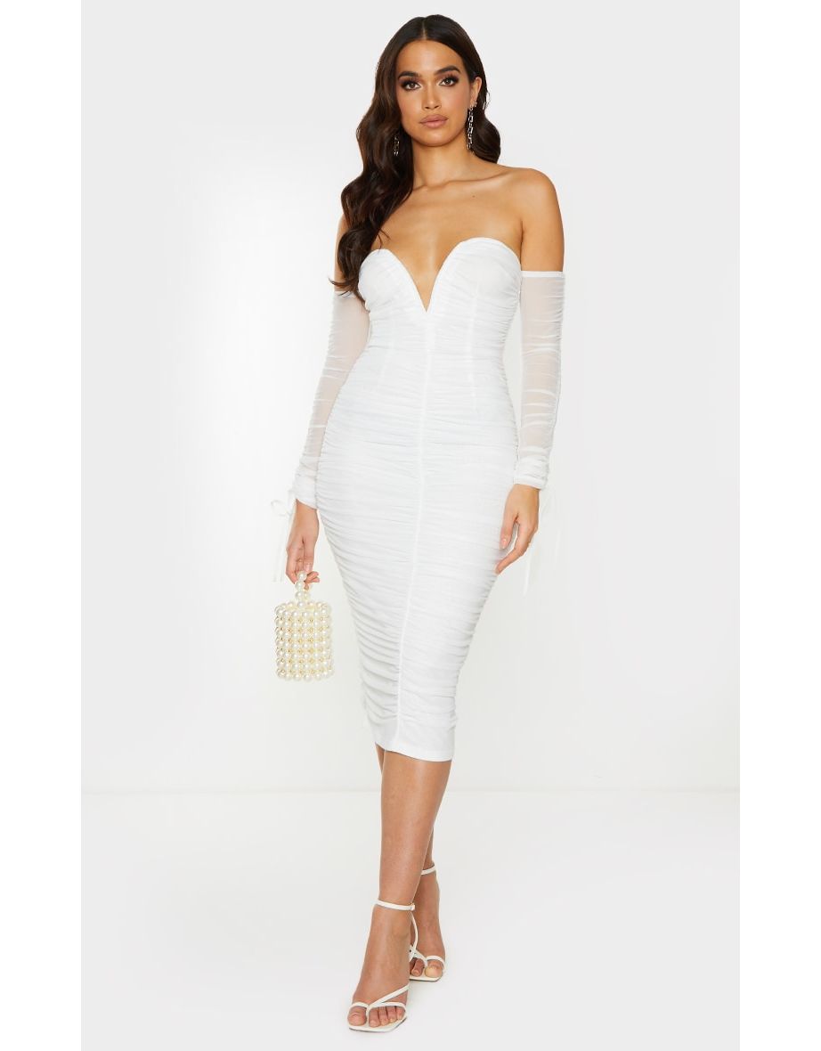 White mesh ruched bardot midi dress cheap