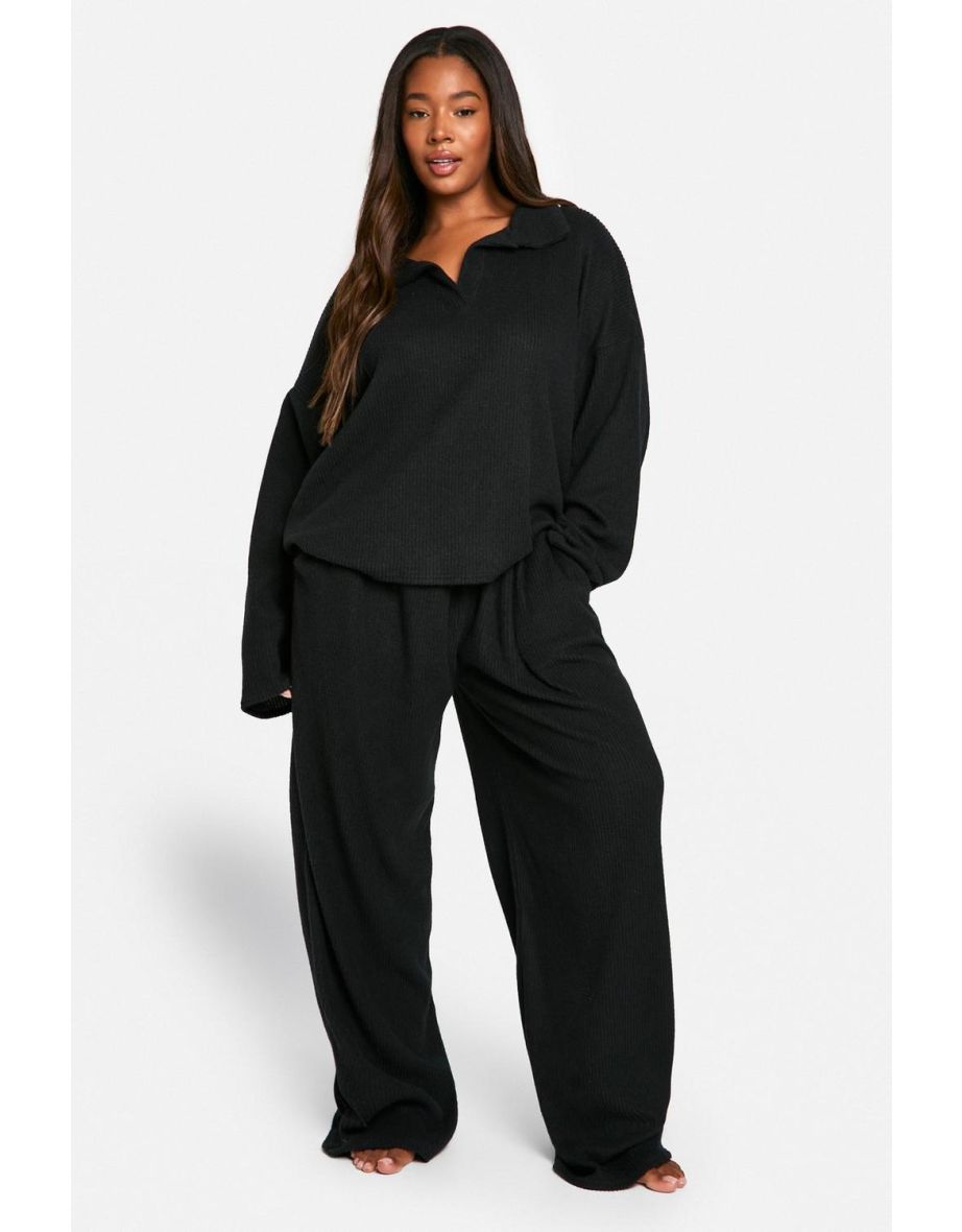 Plus Soft Rib Collared Top & Trouser Lounge Set