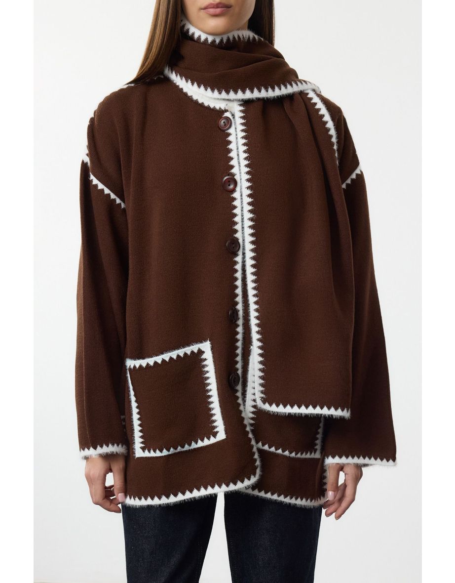 Brown Soft Texture Wide Pattern Scarf Beard Detailed Knitwear Cardigan - 4