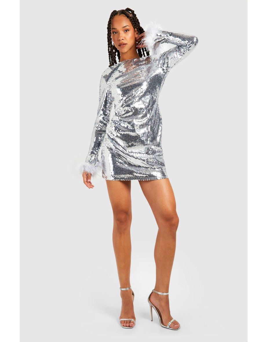 Tall Sequin Fluffy Feather Trim Mini Dress