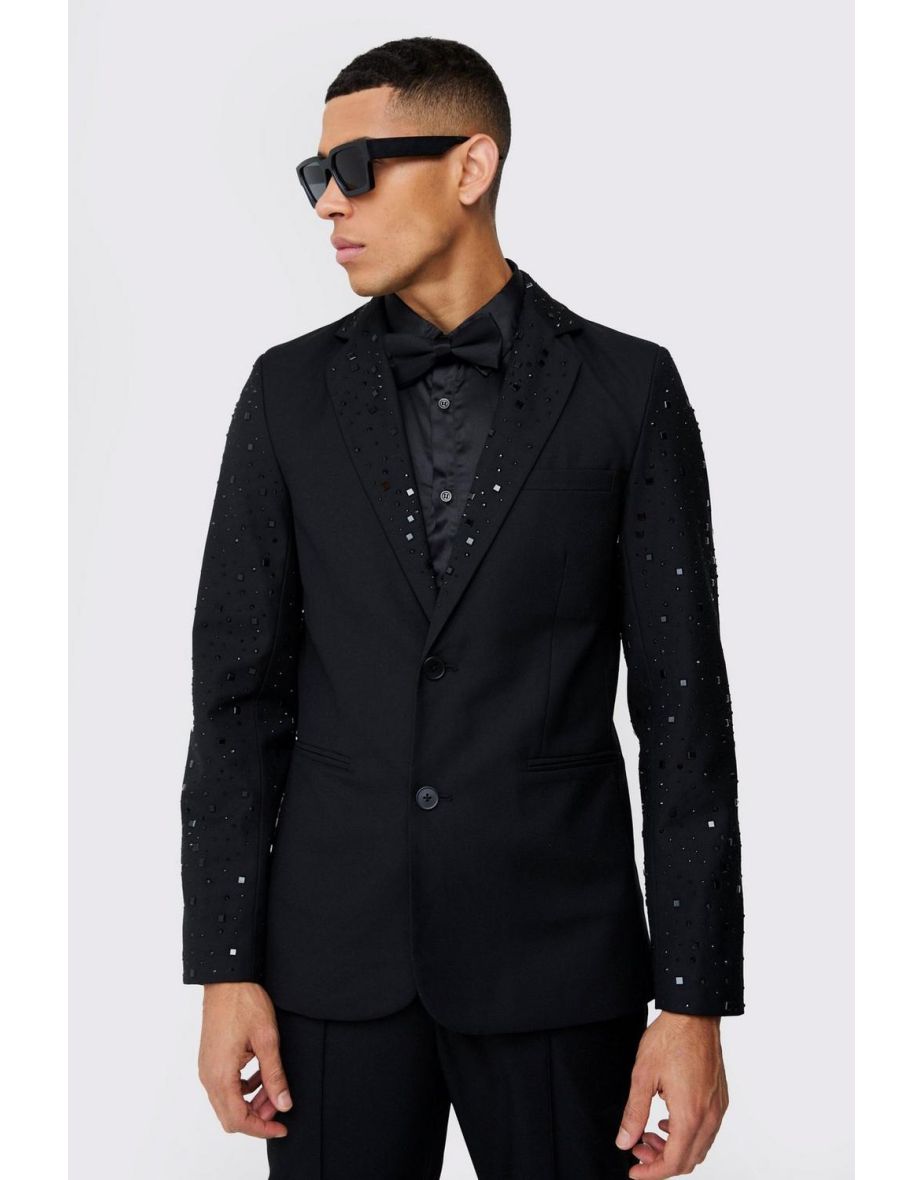 Rhinestone Sleeve Slim Fit Blazer - black