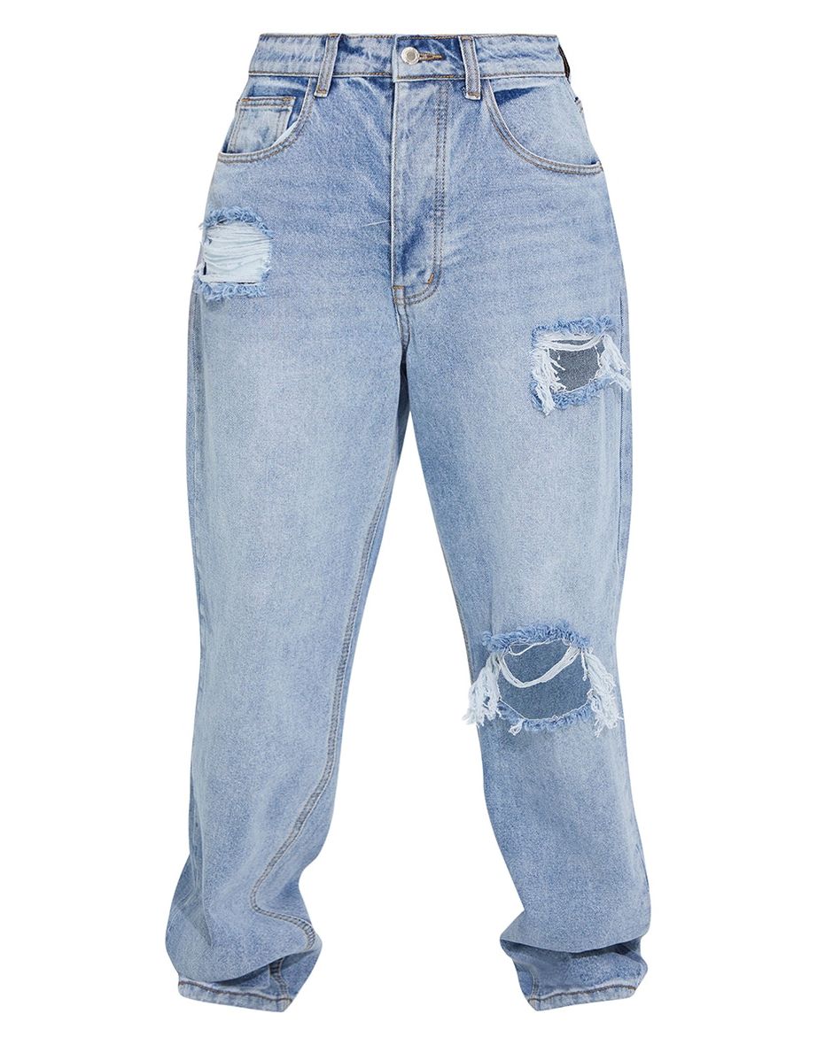 PRETTYLITTLETHING Light Blue Wash Open Knee Boyfriend Jeans - 4