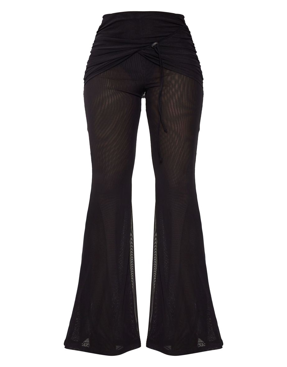 Black Sheer Mesh Drawstring Fold Over Hem Flared Trousers - 4