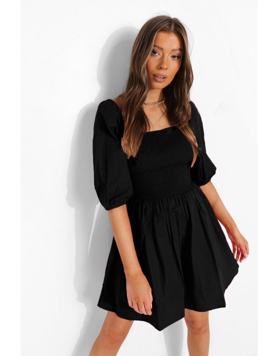 Cotton Shirred Skater Dress - black