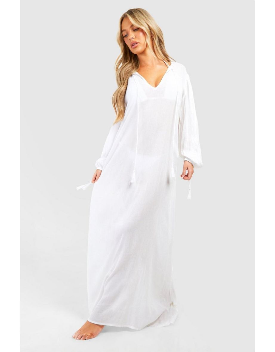Cheesecloth Tassel Beach Maxi Kaftan Dress - white