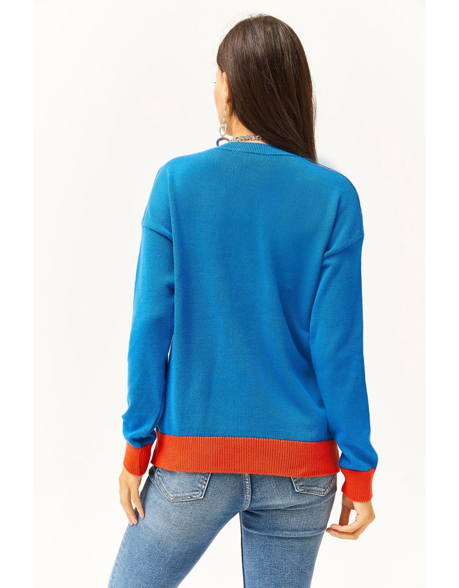 Women's Saxe Blue Color Pocket and Cuff Cotton Premium Cardigan - 5