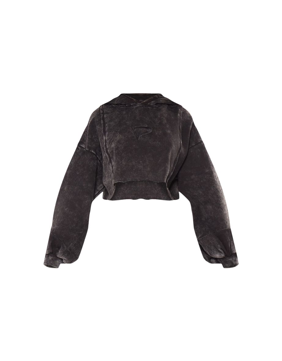 Petite Black Acid Wash Seam Detail Cropped Hoodie - 4