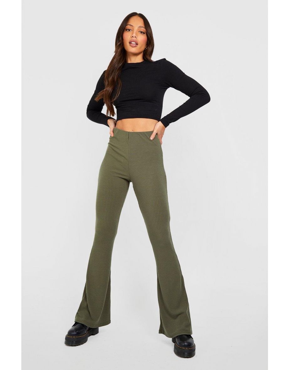 Tall Soft Rib High Waist Flares - khaki