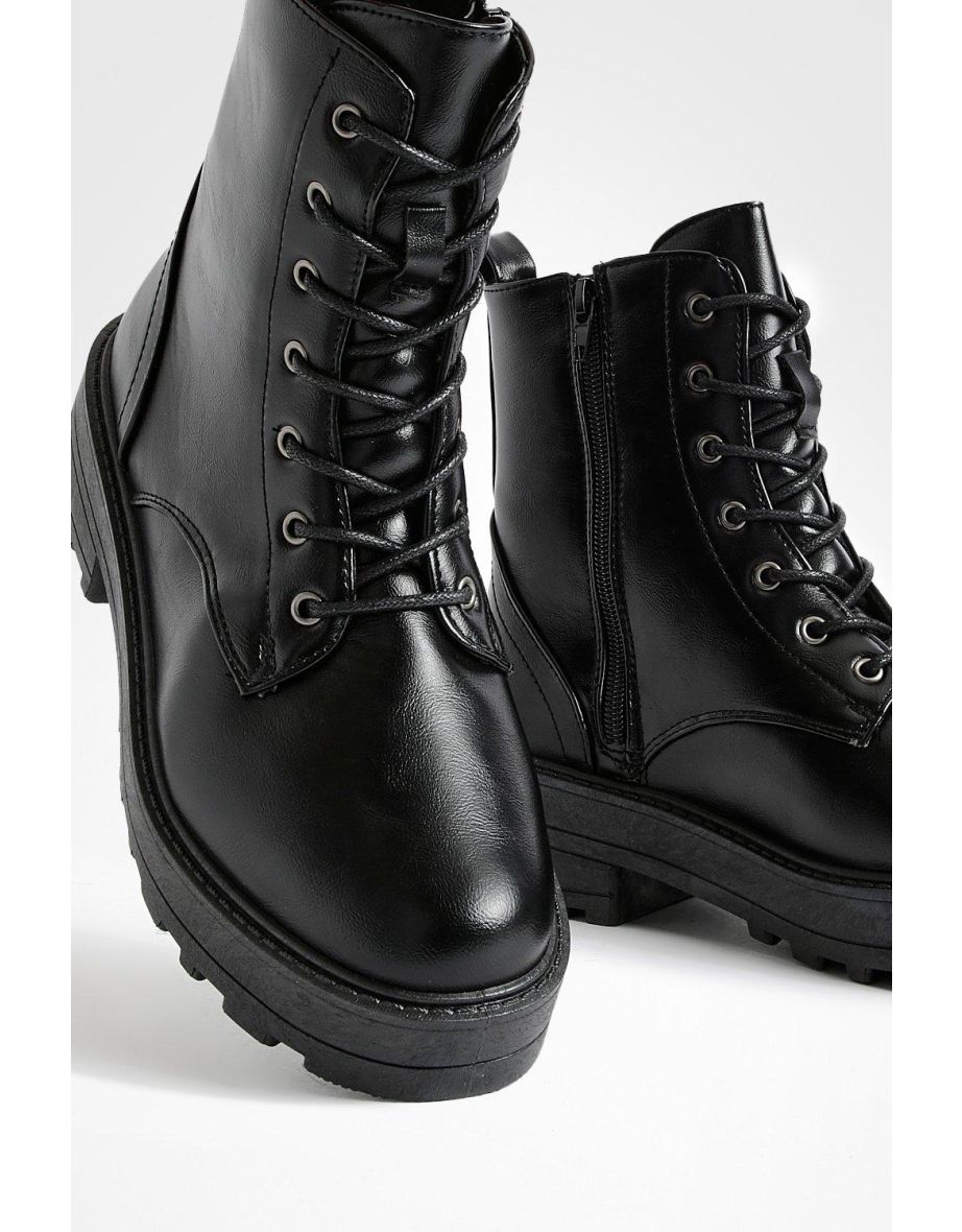 Wide Fit Lace Up Chunky Hiker Boots - black - 3