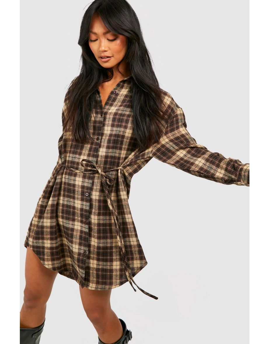 Check Cinched Waist Shirt Dress - chocolate