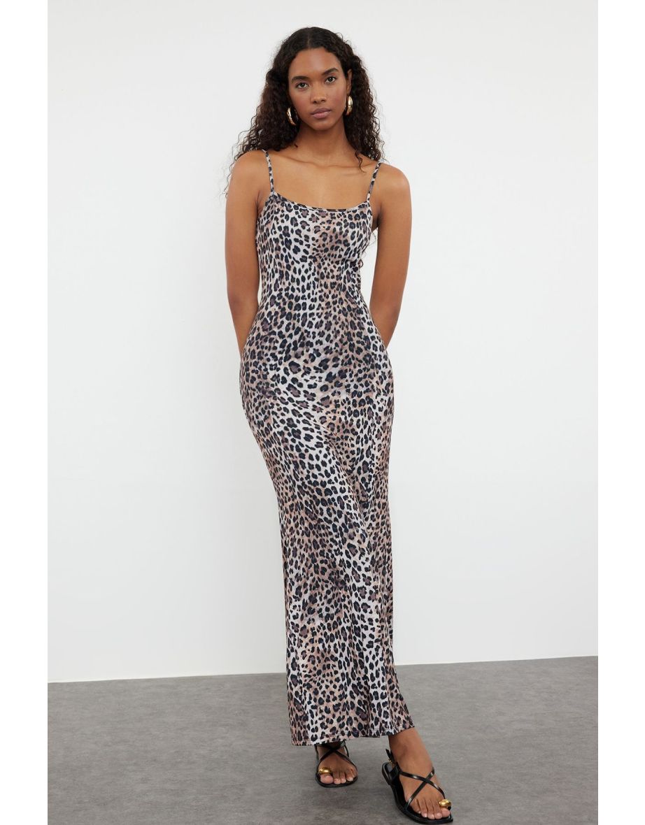 Brown Leopard Patterned Bodycone/Fitting Strappy Knitted Maxi Dress