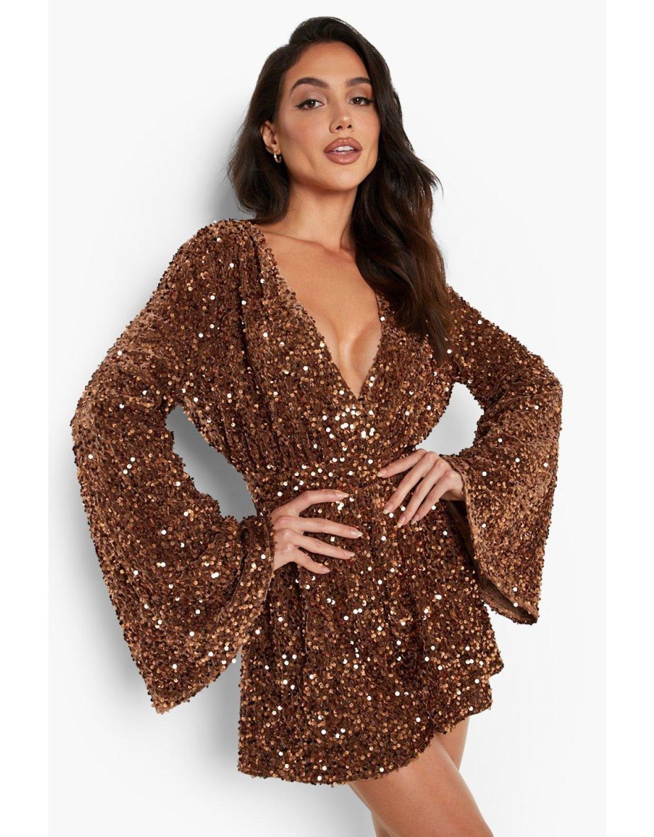 Sequin Flare Sleeve Open Back Playsuit - copper