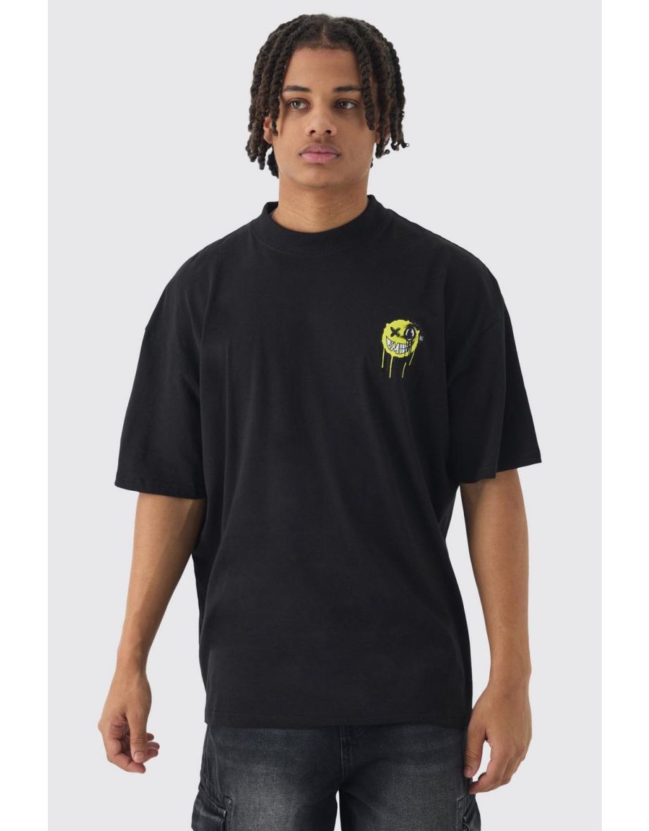 Oversized Trippy Smiley Face Graphic T-shirt - black - 2
