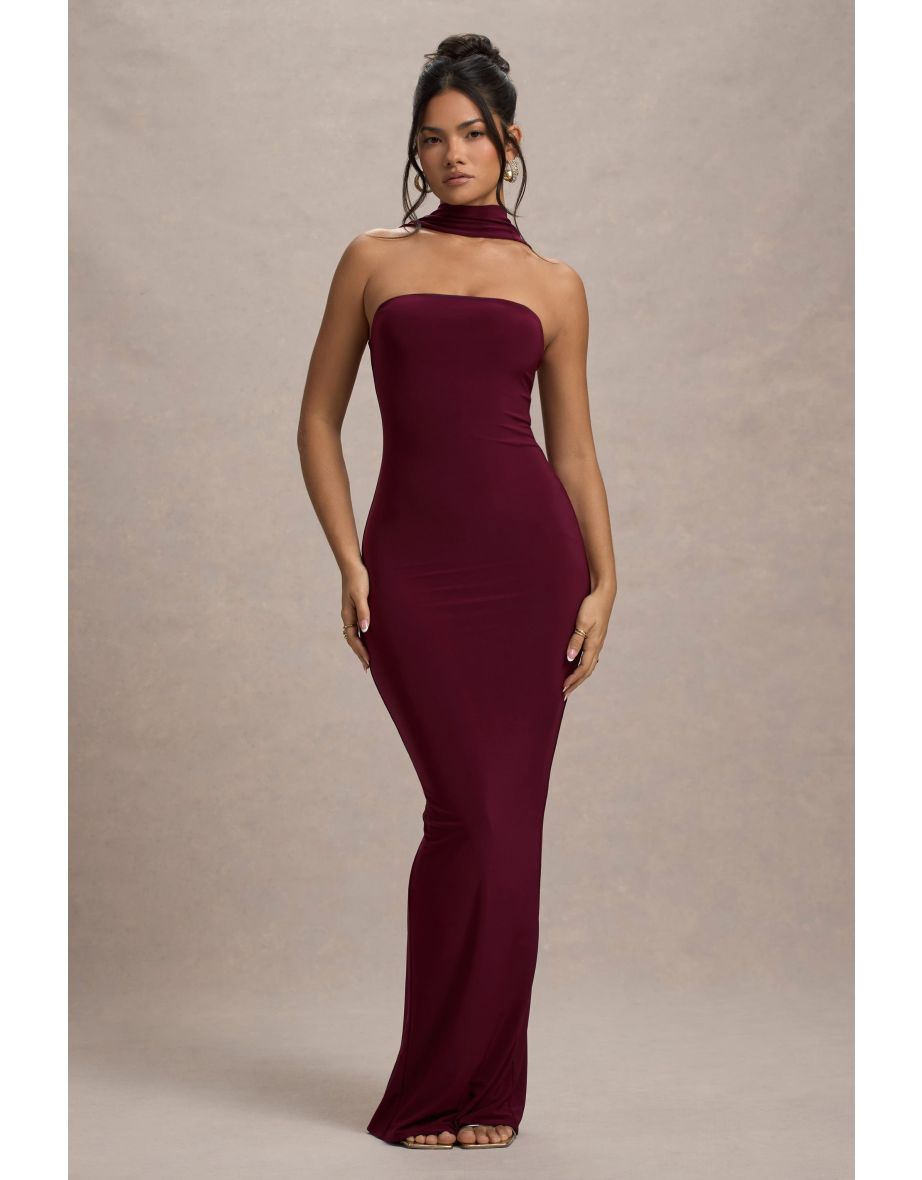 Nobu | Burgundy Bandeau Maxi Dress With Halter-Collar - 5
