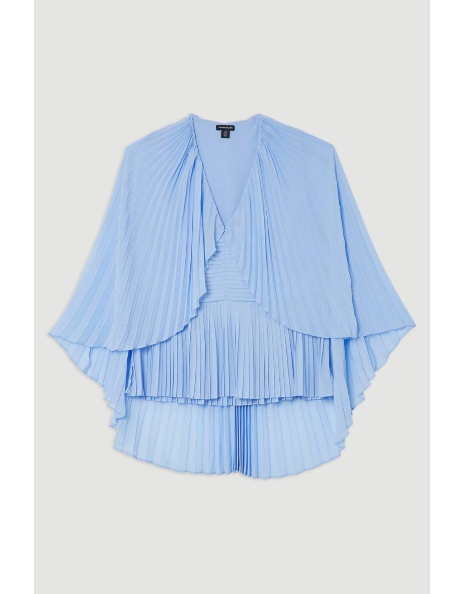 Plus Size Pleated Cape Sleeve Plunge Neck Top - 3