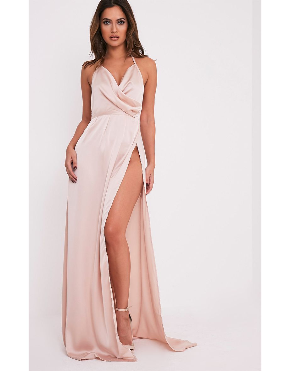 Lucie Champagne Silky Plunge Extreme Split Maxi Dress