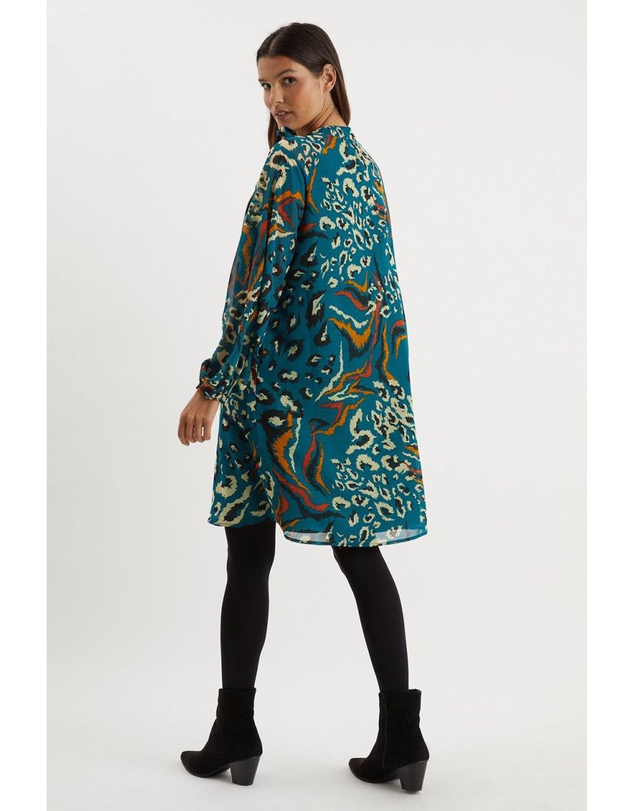 Teal Animal Tie Neck Shift Dress - 2