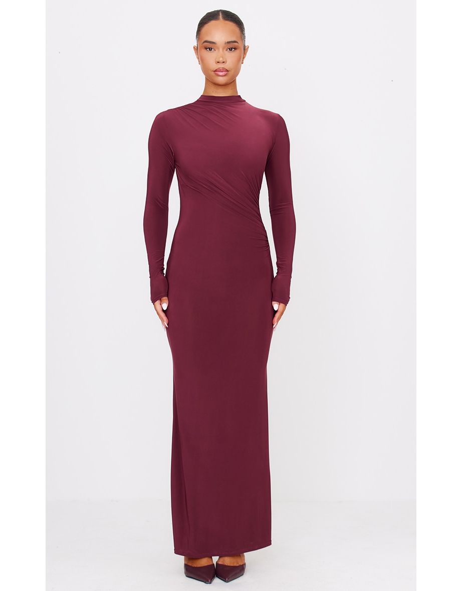Burgundy Slinky Long Sleeve Maxi Dress