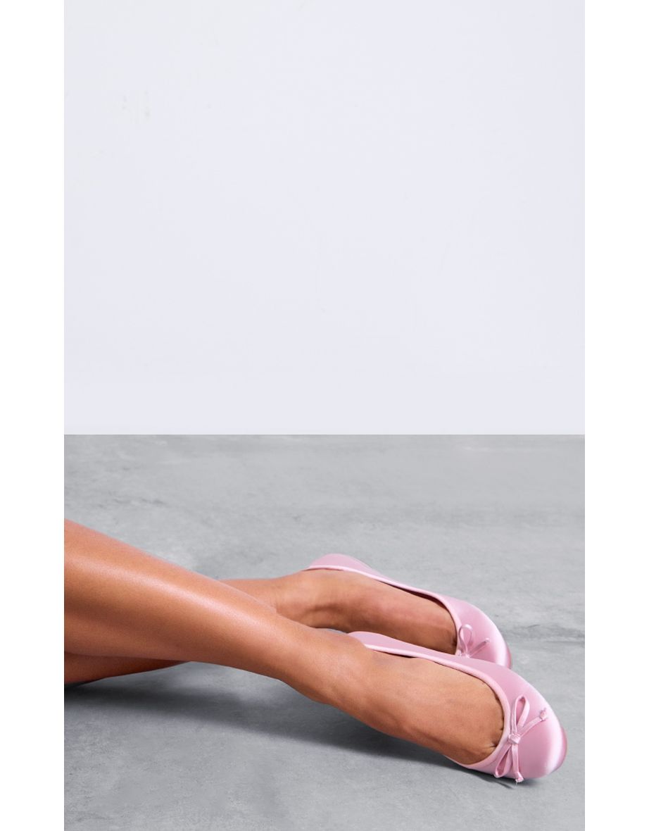 Pink Satin Round Toe Bow Detail Ballet Flats