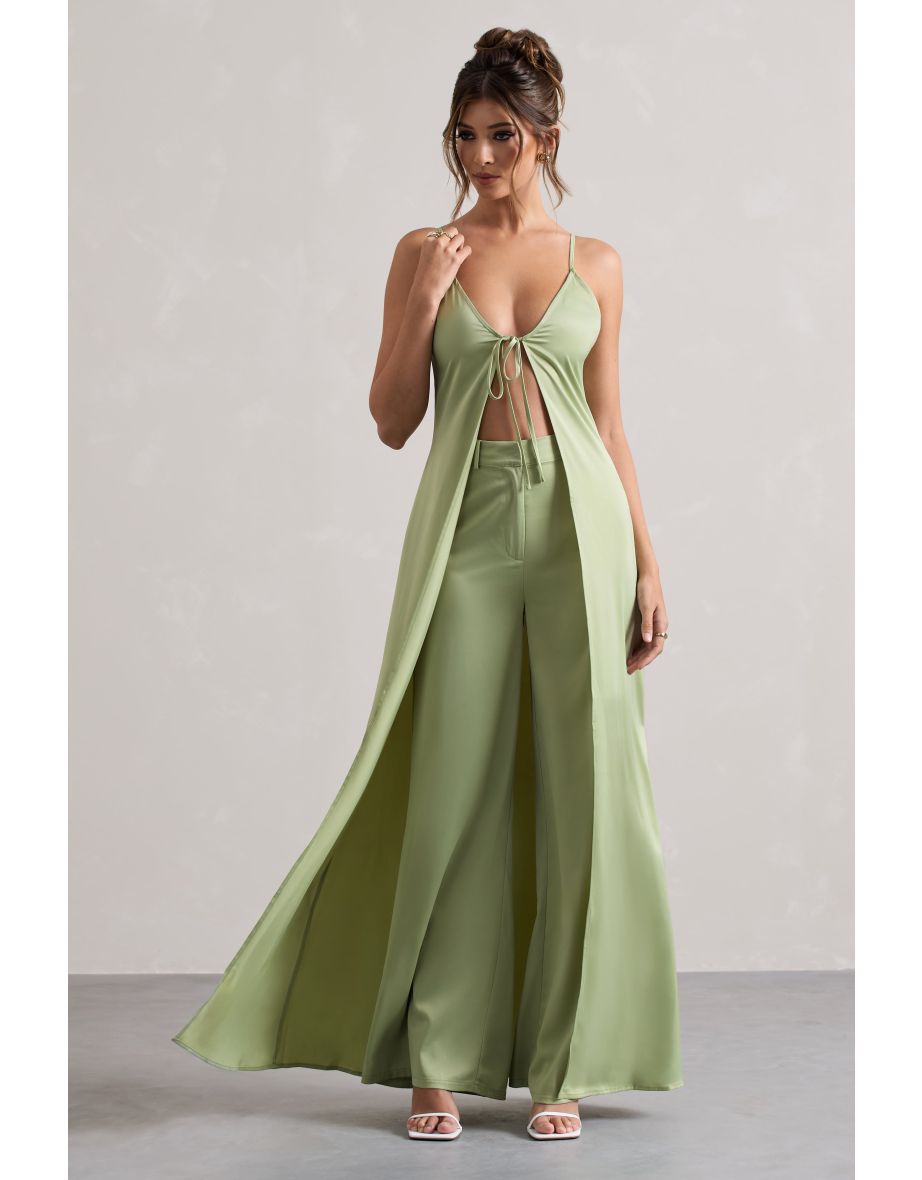 Calvi | Pale Green Satin Longline Cami Top With Split Front